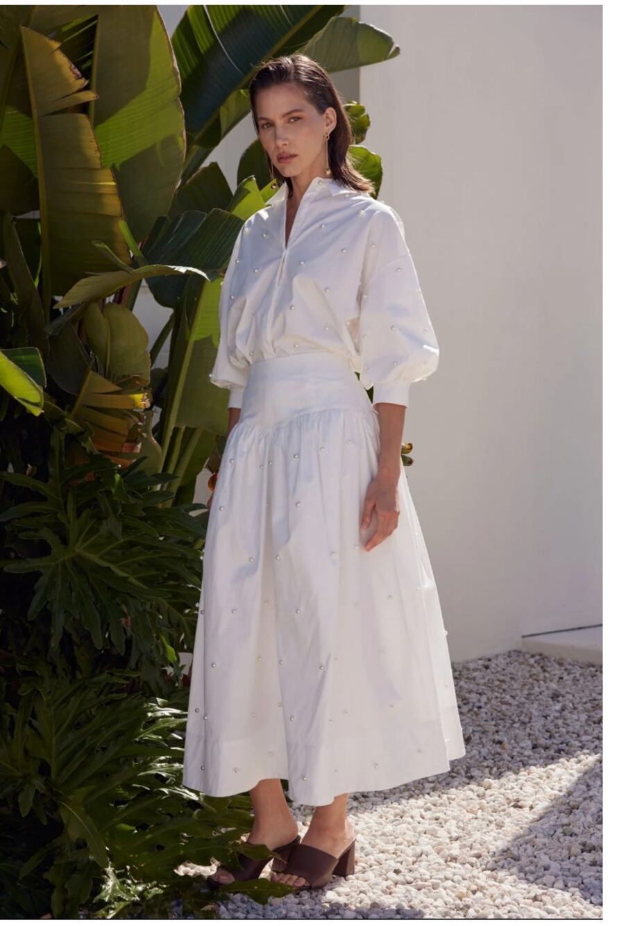 NWT English Factory Pearl Embellished Poplin Midi Skirt Sz M